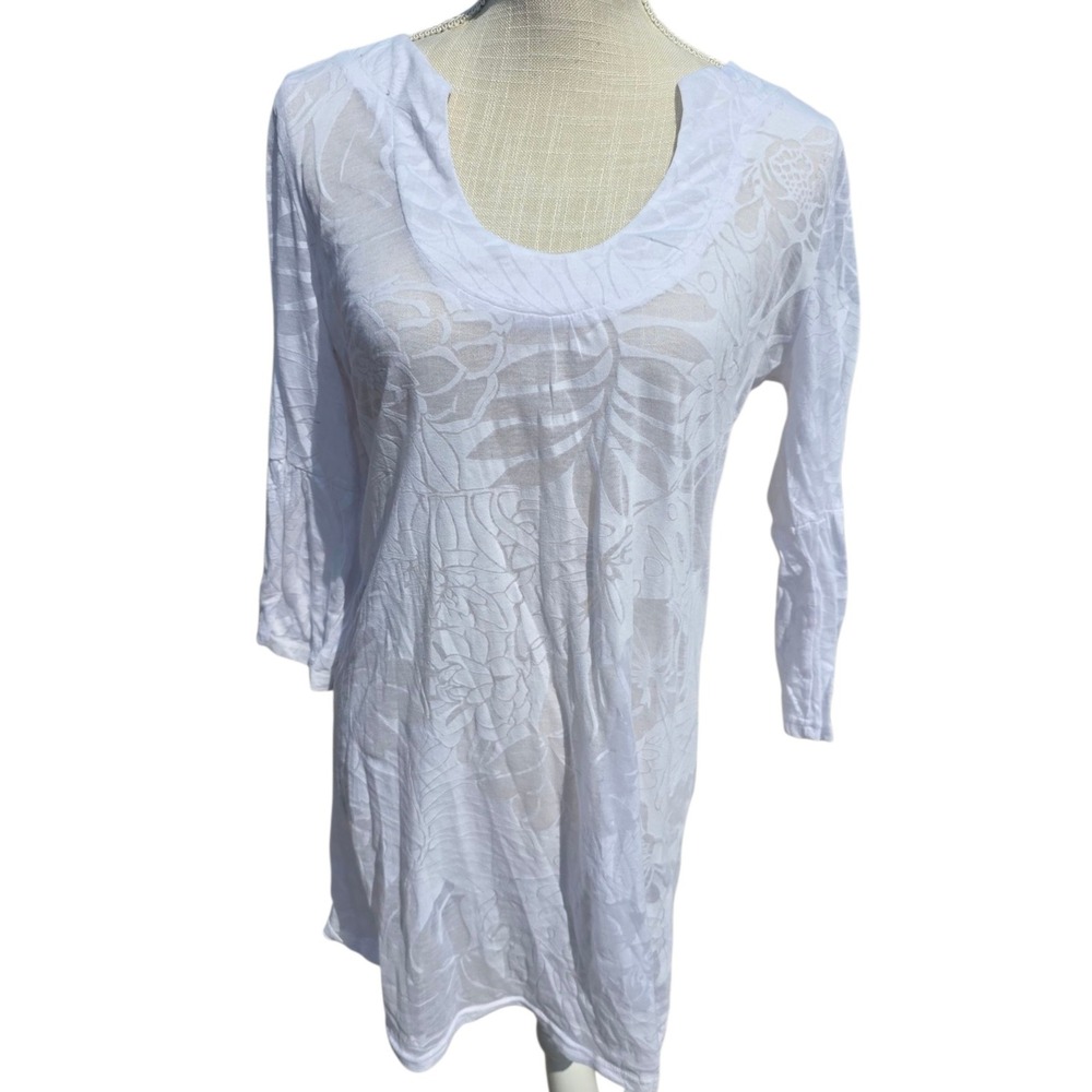 Cover up White Floral Burnout Top 3/4 Sleeve Lightweight Dress Shirt Size S